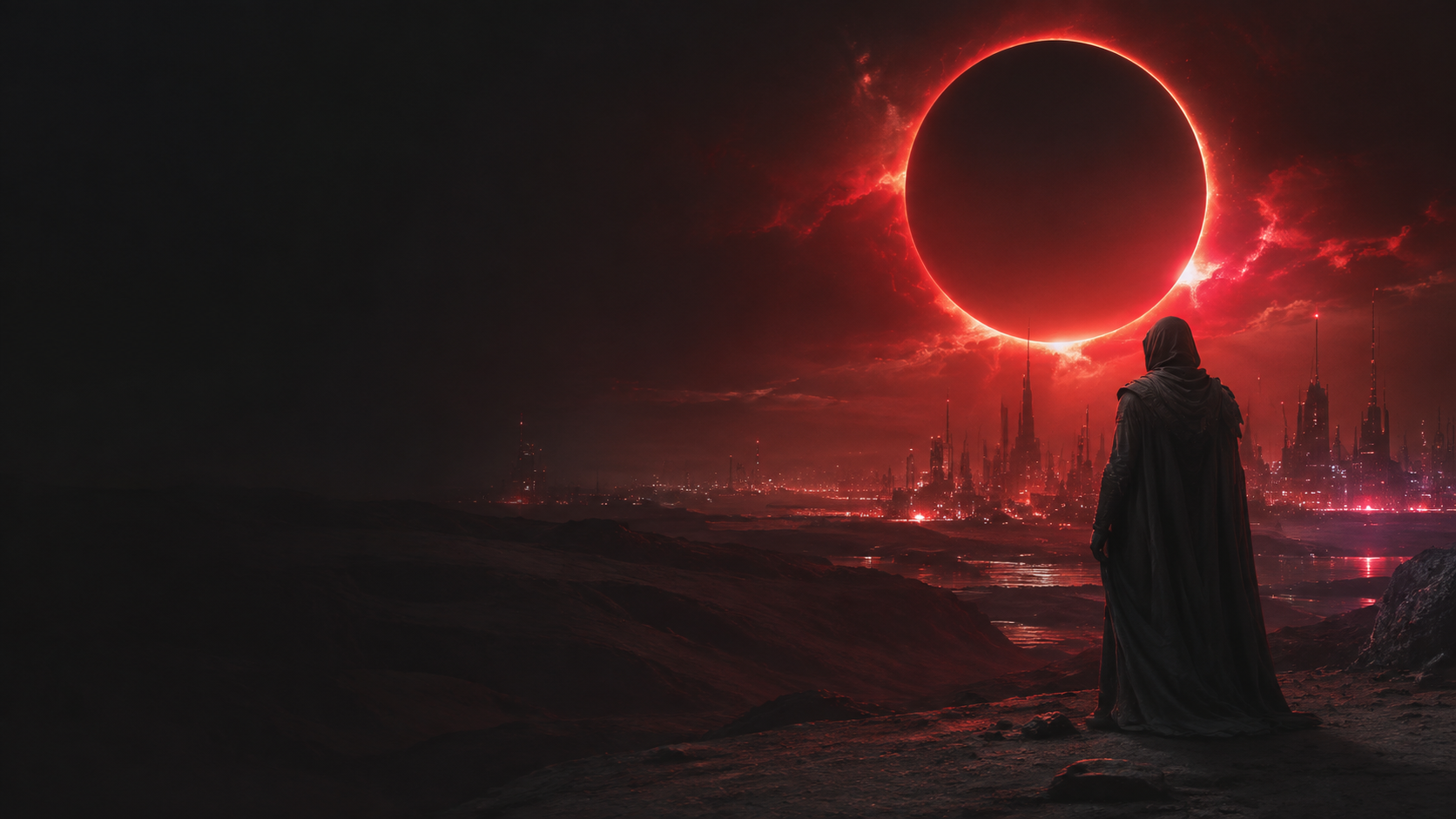 Viajante observa um eclipse vermelho sobre uma cidade futurista